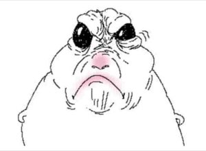 Sketchy blushing cartoon face with baggy eyes and a heavy, defeated frown