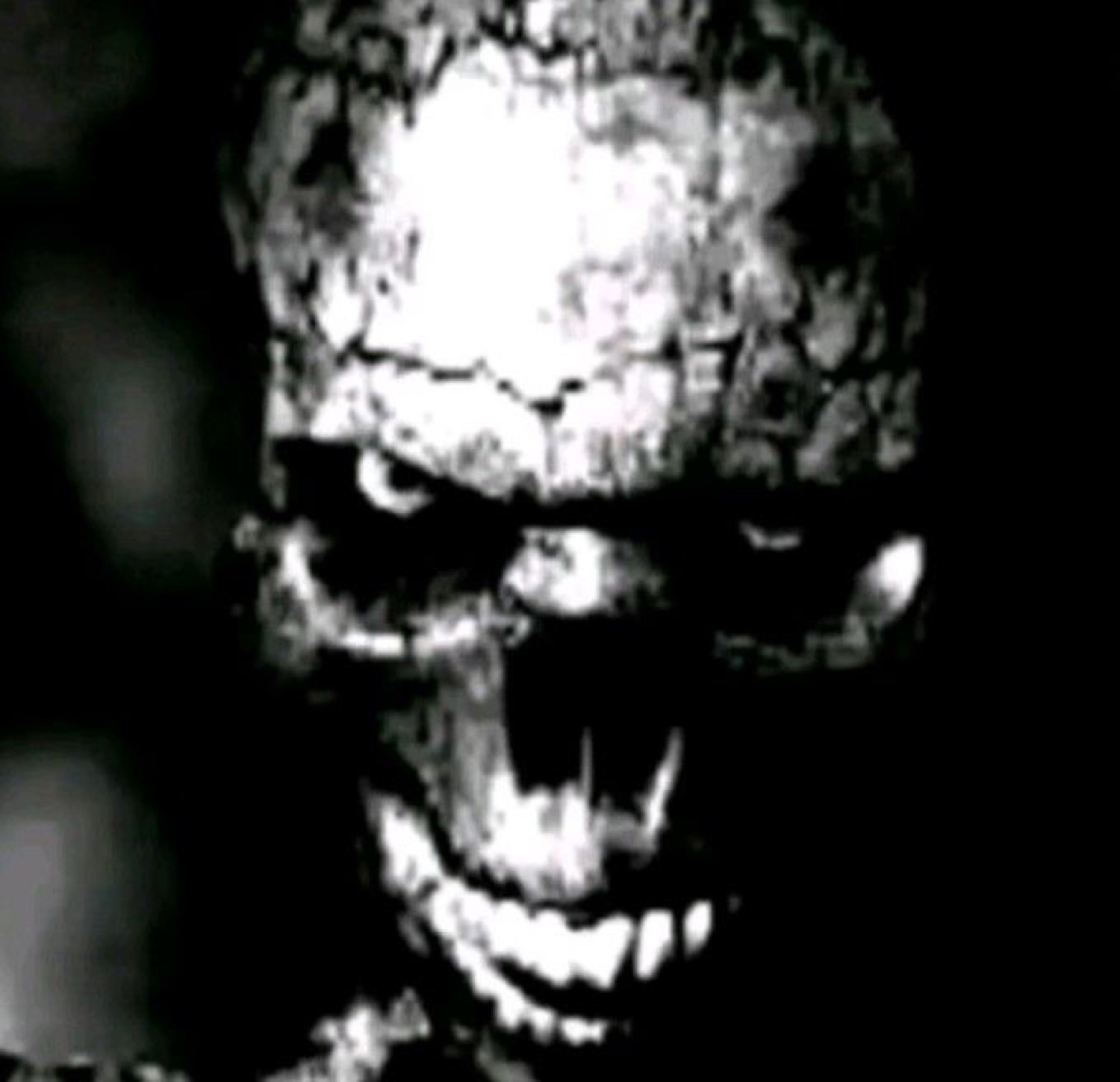 Grainy black-and-white skull face screaming out of the darkness — nightmare fuel