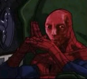 Cartoon Spider-Man cowering with hands up, staring wide-eyed and terrified