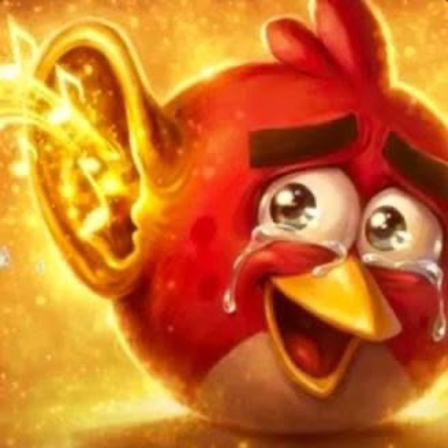 Angry Birds' Red beaming with joyful tears streaming down his glowing face