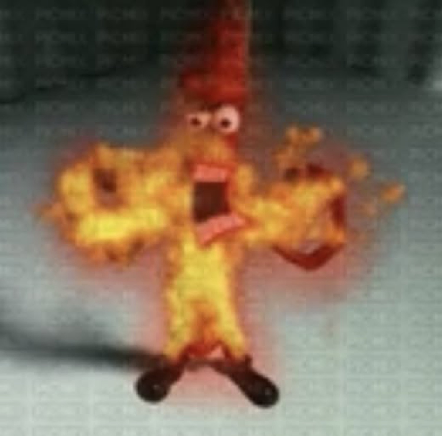 Animated cracker character fully engulfed in flames, arms out in absolute panic