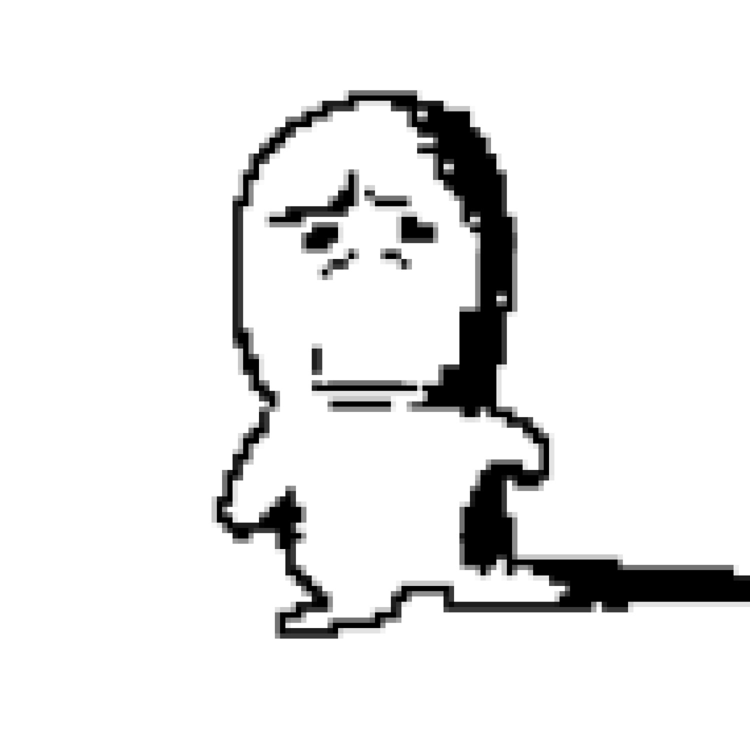 Pixelated black-and-white cartoon figure with a furrowed brow and flat frown, completely over it