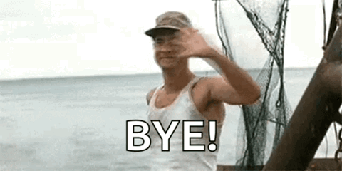 Man on a boat at sea cheerfully waving goodbye, "BYE!"