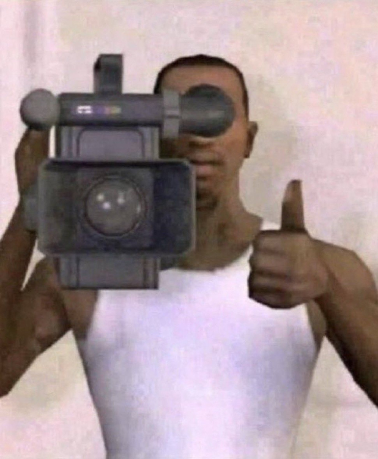 Video game character filming with a camcorder while giving a big thumbs up