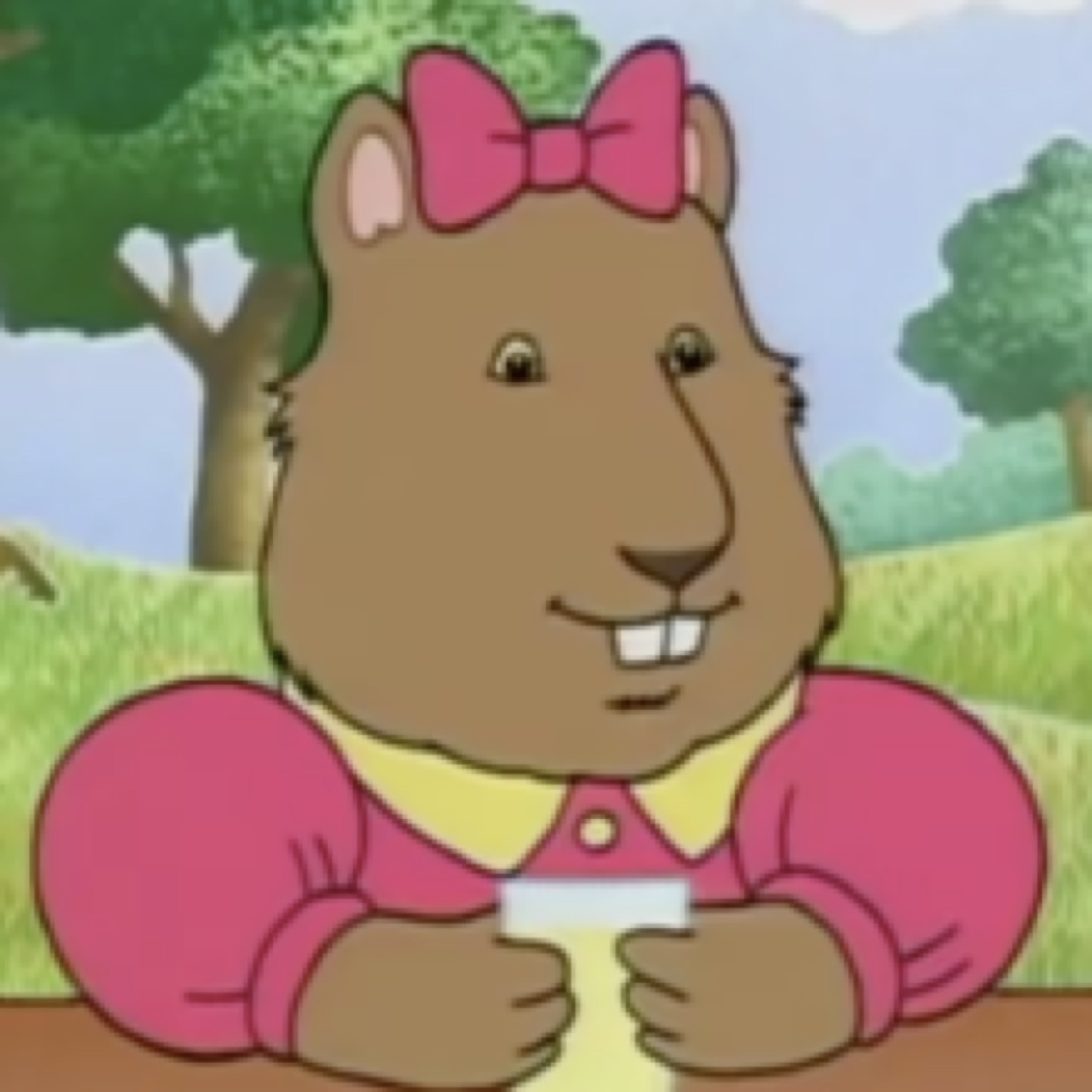 D.W. from Arthur smiling knowingly with a card, looking totally smug