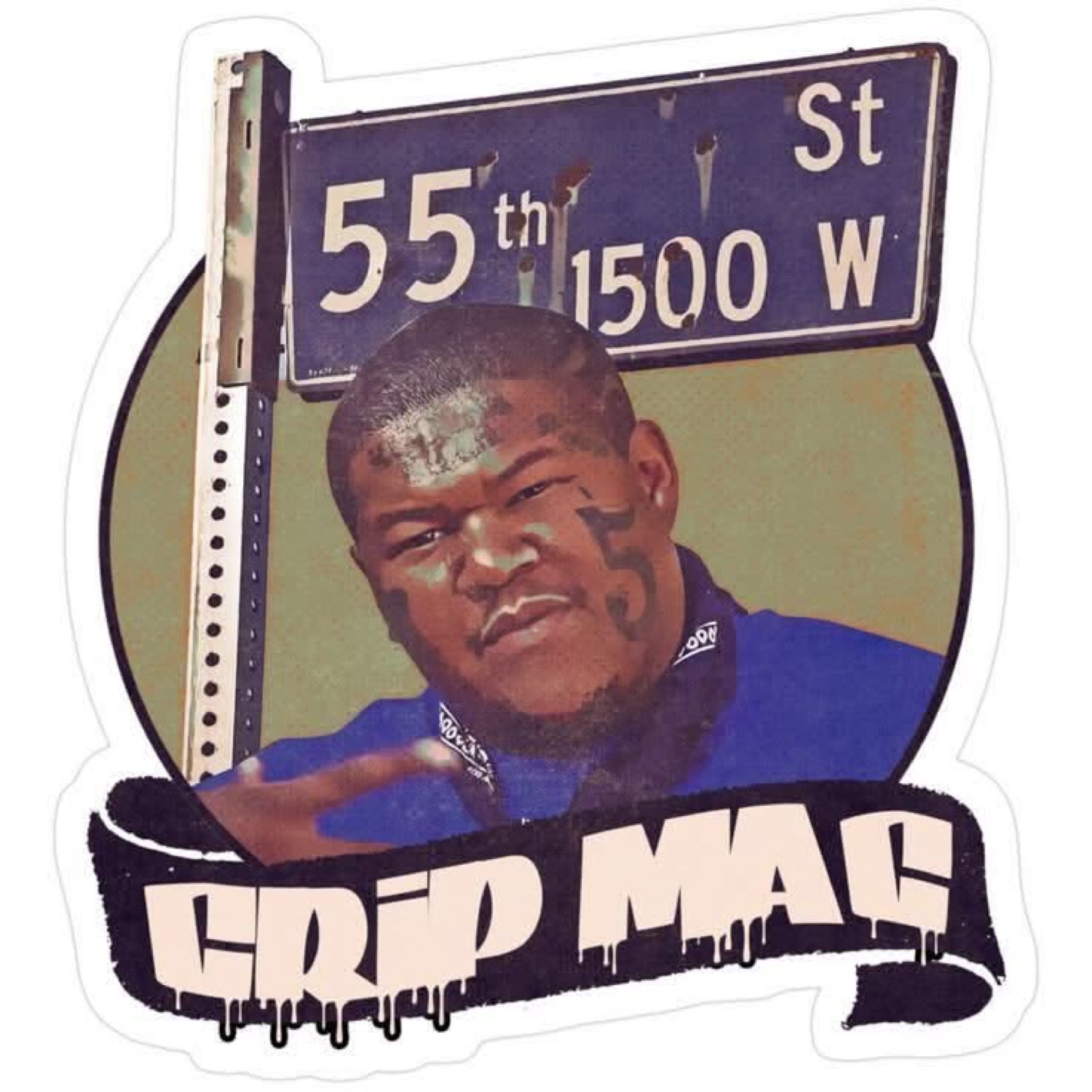 Sticker of Crip Mac's face under a street sign