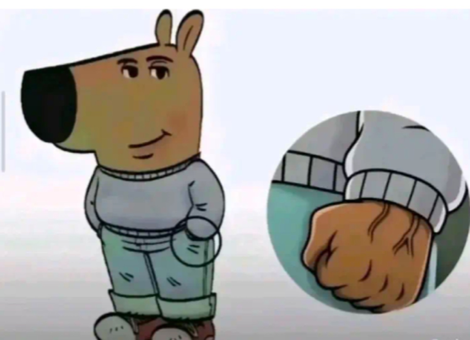 Chill Guy dog standing casually with a zoomed-in inset of his clenched fist