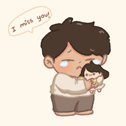 Cartoon boy hugging a doll and crying, "I miss you"