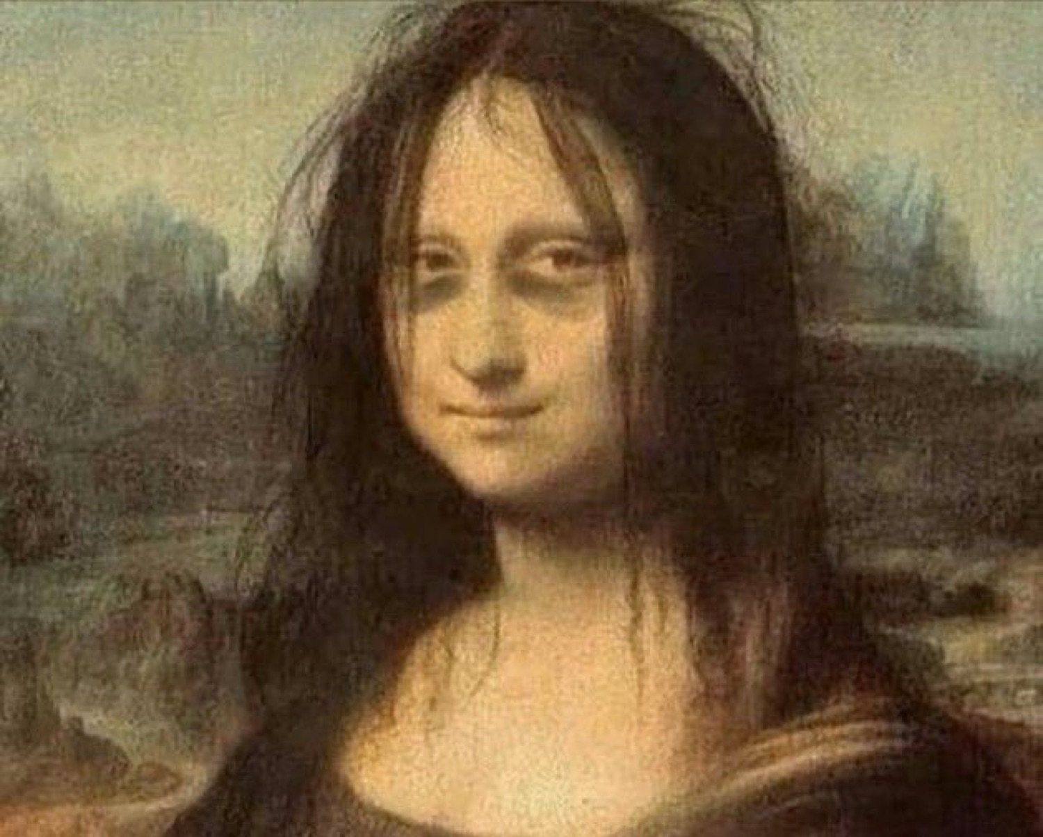 Mona Lisa with wild messy hair and a tired smile
