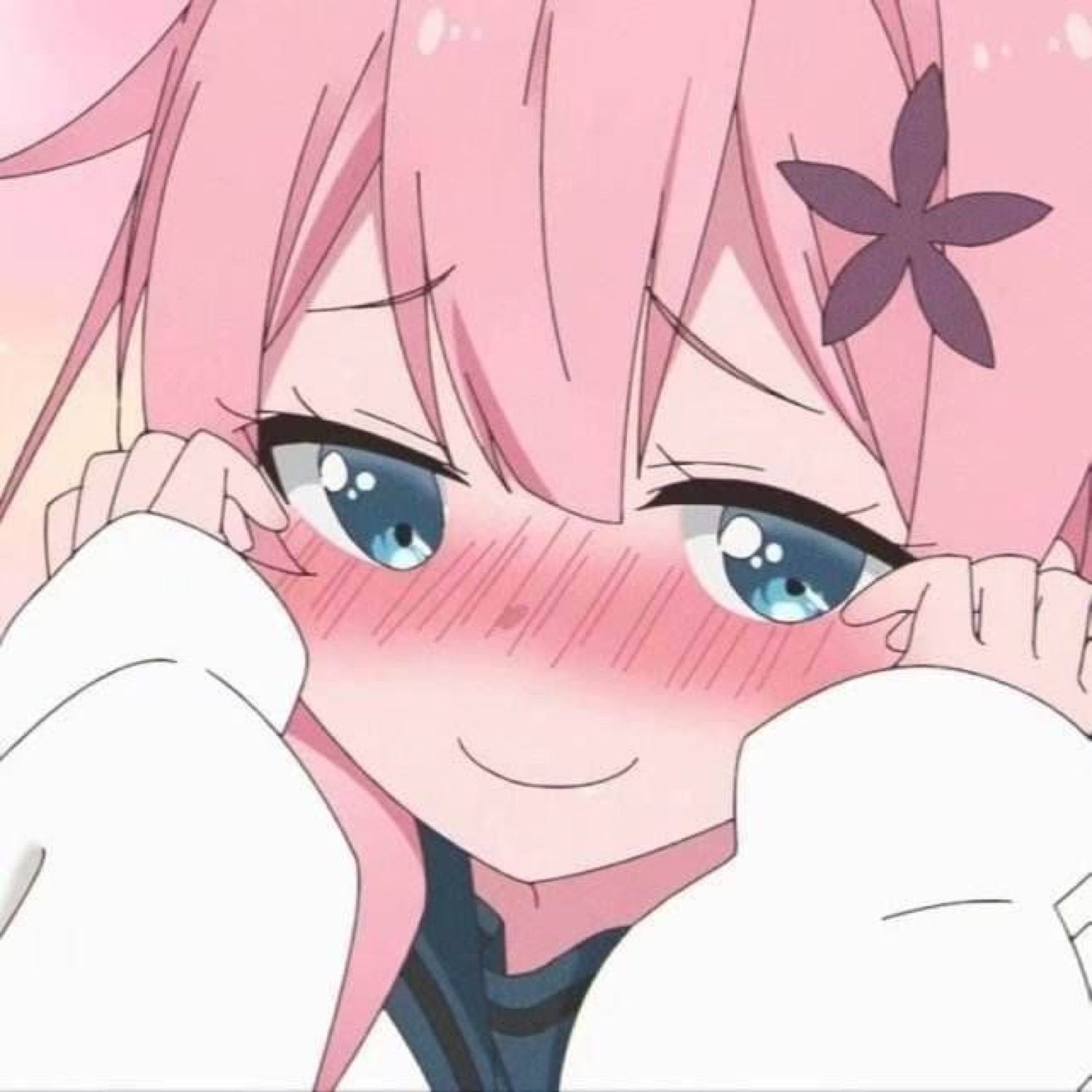 Pink-haired anime girl blushing with a shy smug smile, peeking over her arms