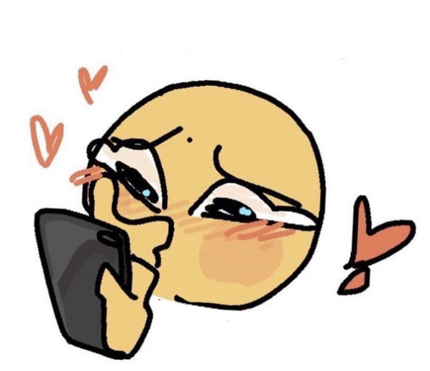 Round cartoon face blushing and peeking over a phone with love hearts nearby