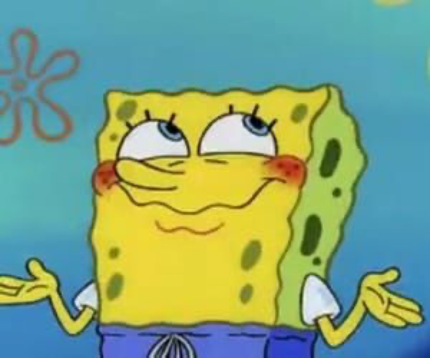SpongeBob with rosy cheeks and half-lidded eyes doing a little shrug, totally charmed
