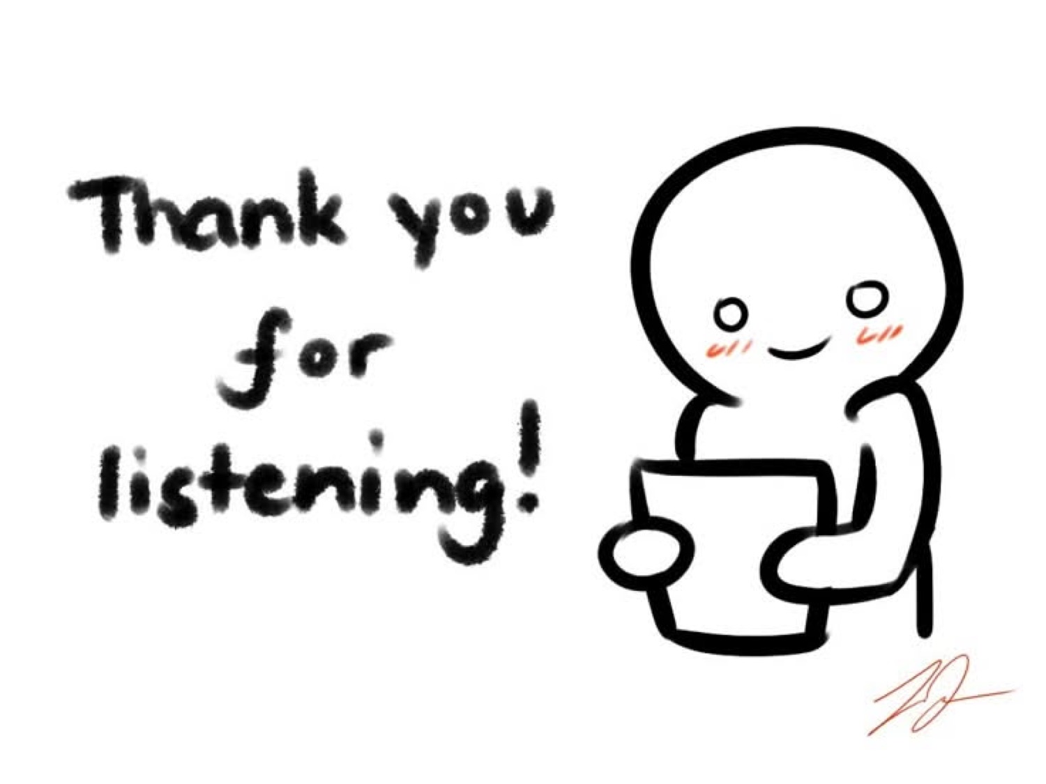 Doodle reading a paper: 'Thank you for listening!'