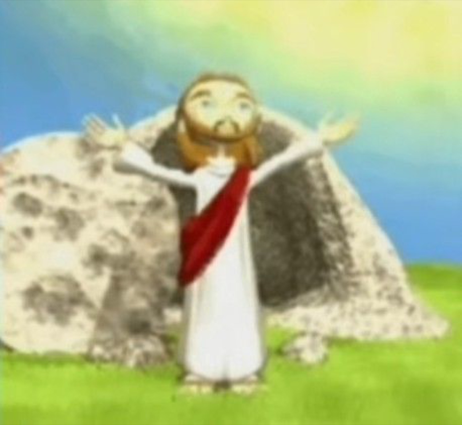 Cartoon Jesus with arms raised in front of the empty tomb