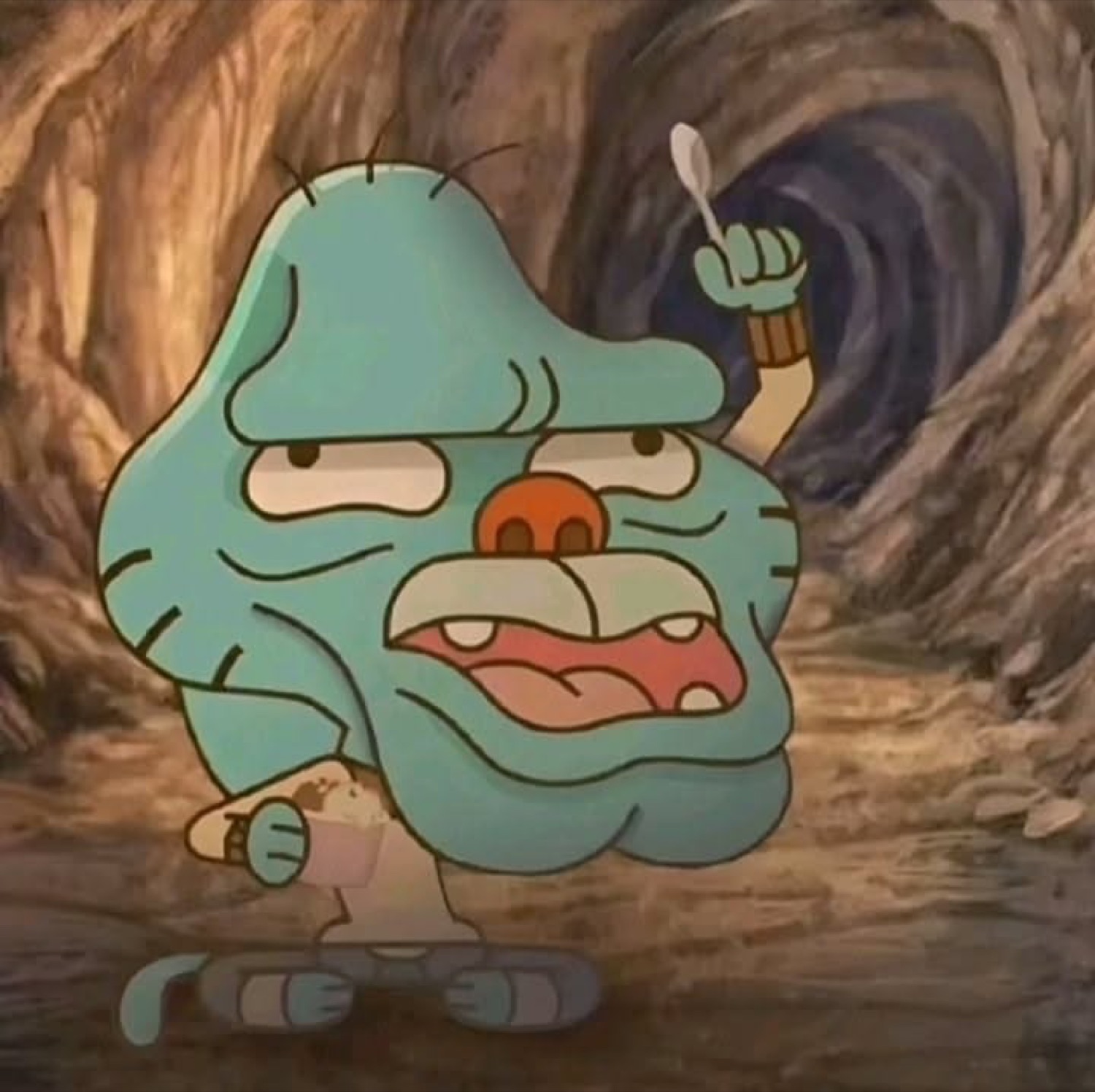 Gumball mid-scream with a warped angry face, holding a spoon threateningly