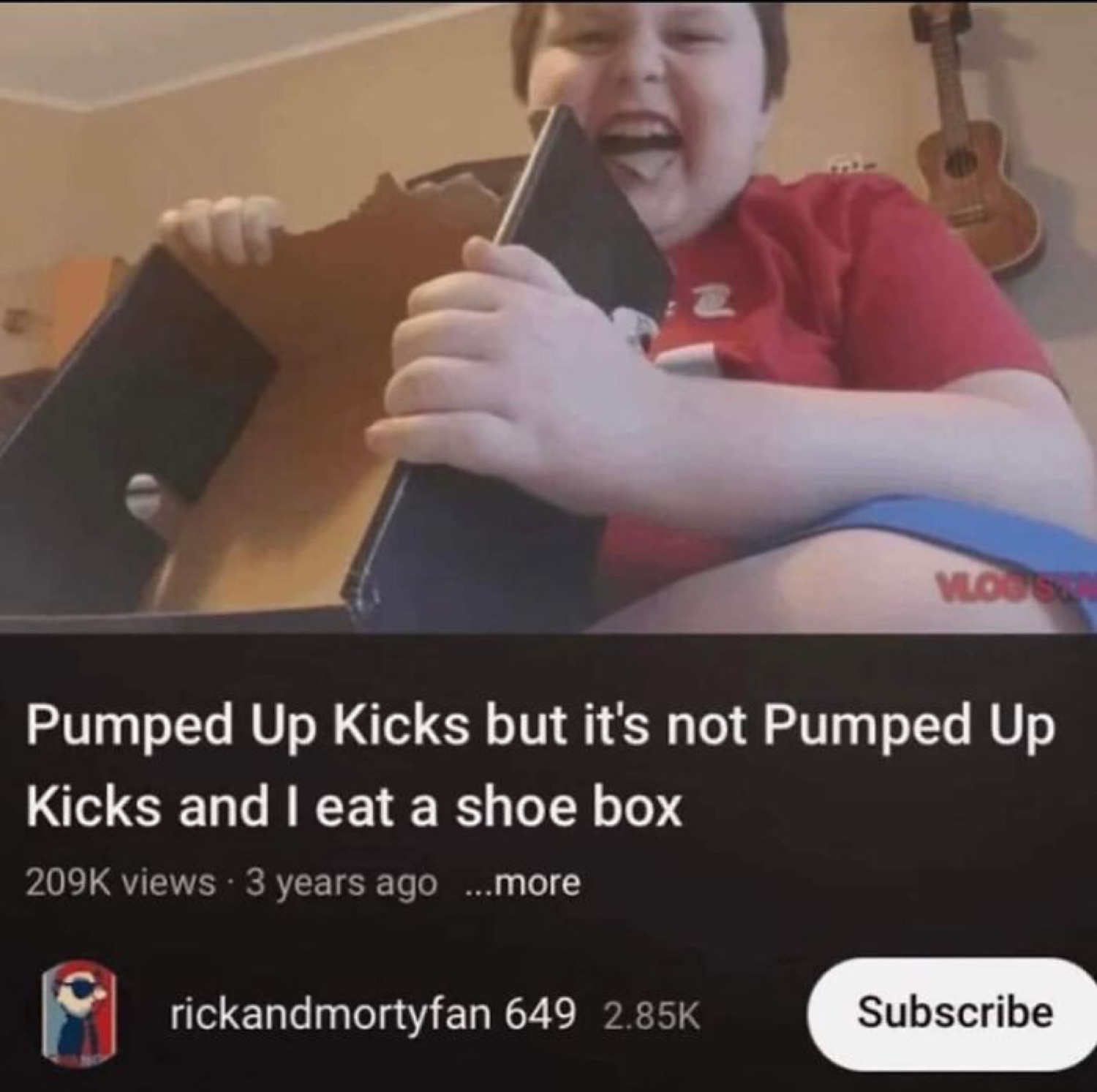 YouTube thumbnail of a kid gnawing a shoe box, titled 'I eat a shoe box'