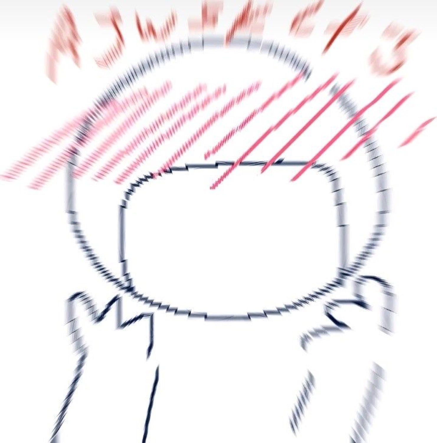 Blurry zoomed-in doodle of a face screaming with red frustration lines everywhere