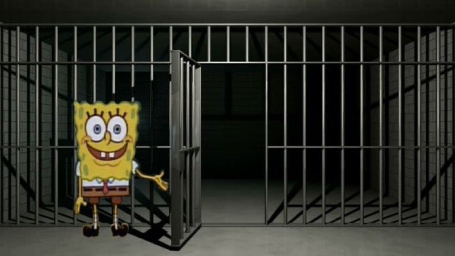 SpongeBob standing alone in an open jail cell, smiling nervously