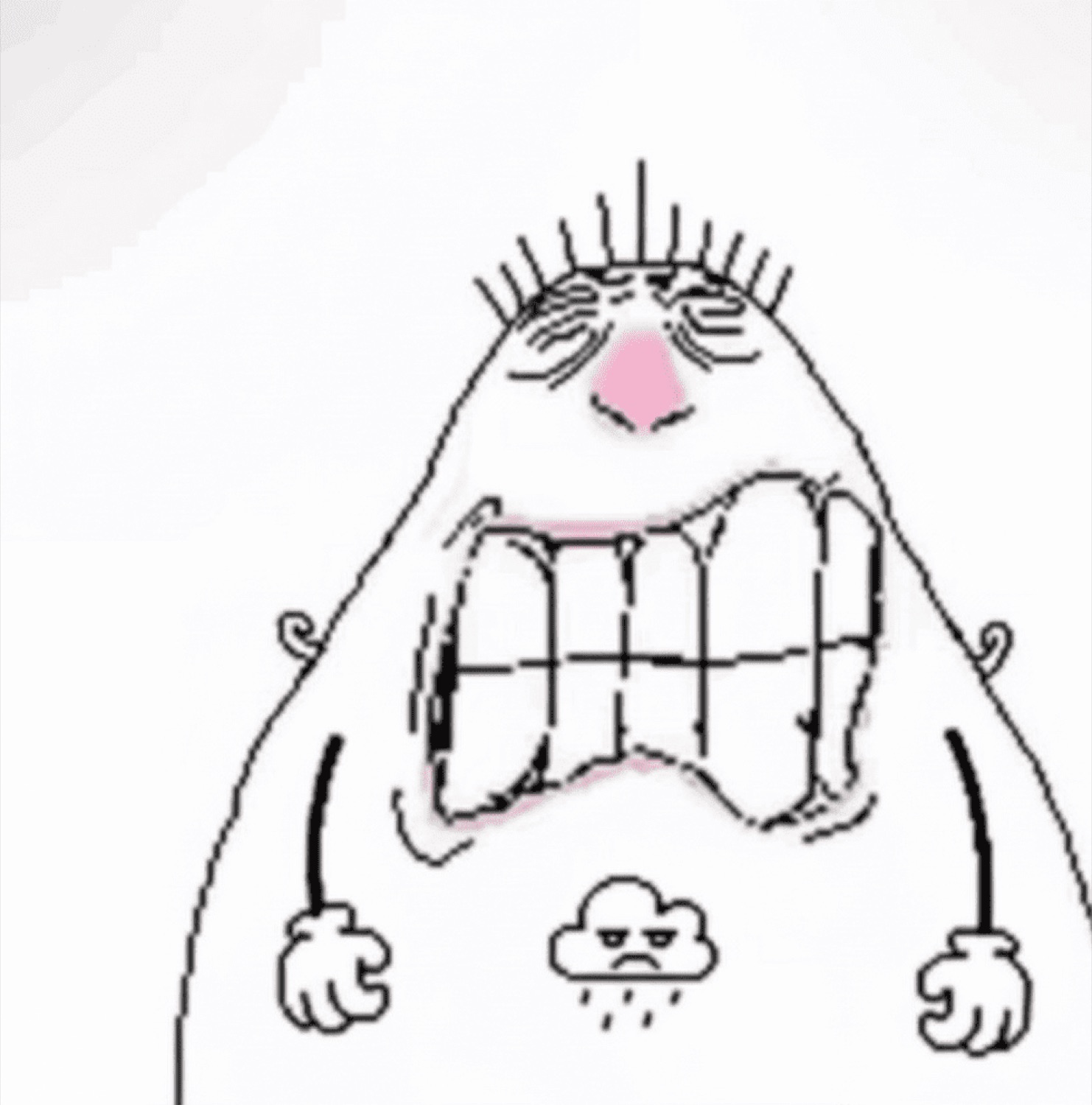 Doodled blob face bawling with gritted teeth and a tiny rain cloud below