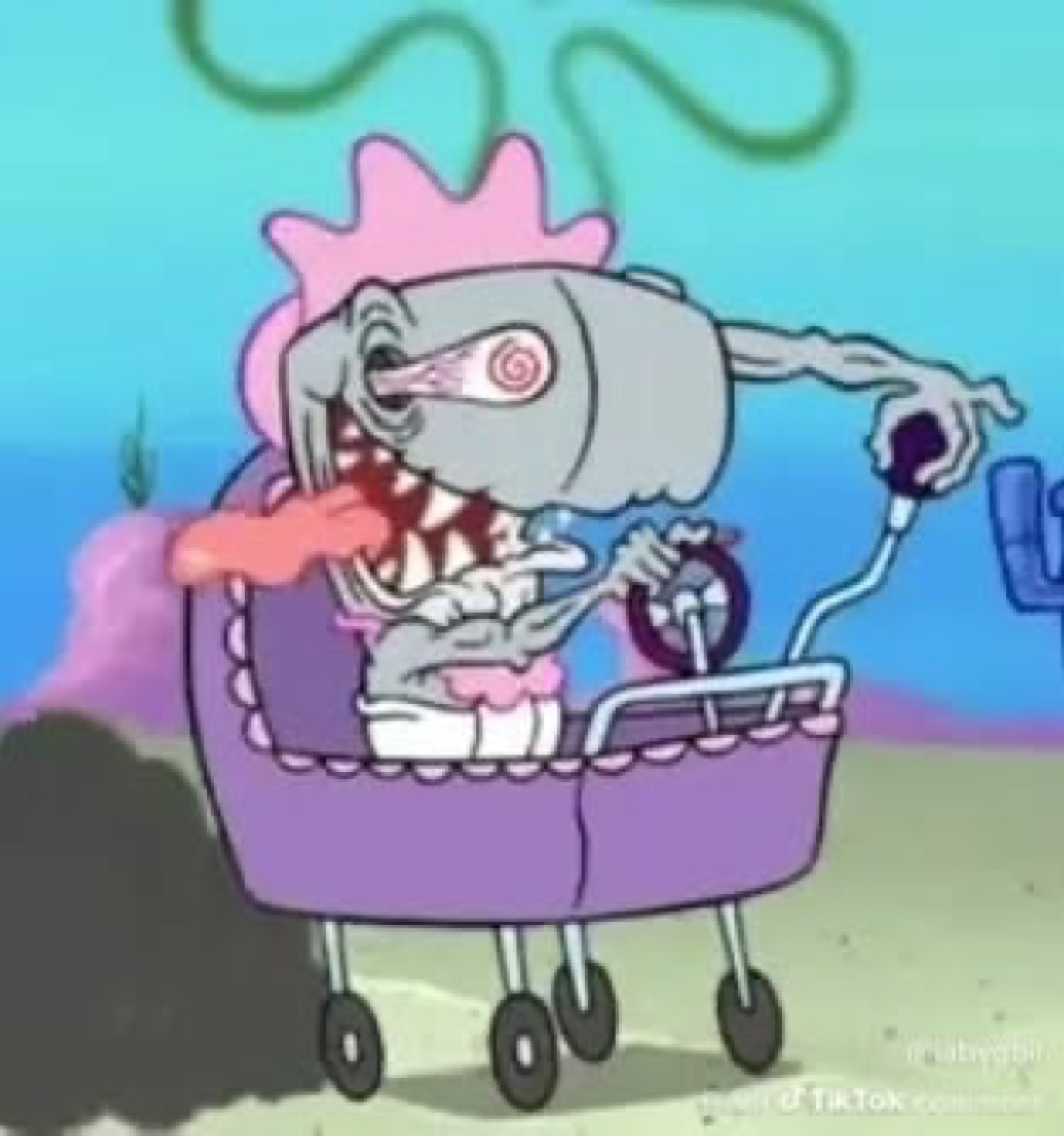 Baby Squidward in a stroller screaming with spiral eyes and tongue flying out