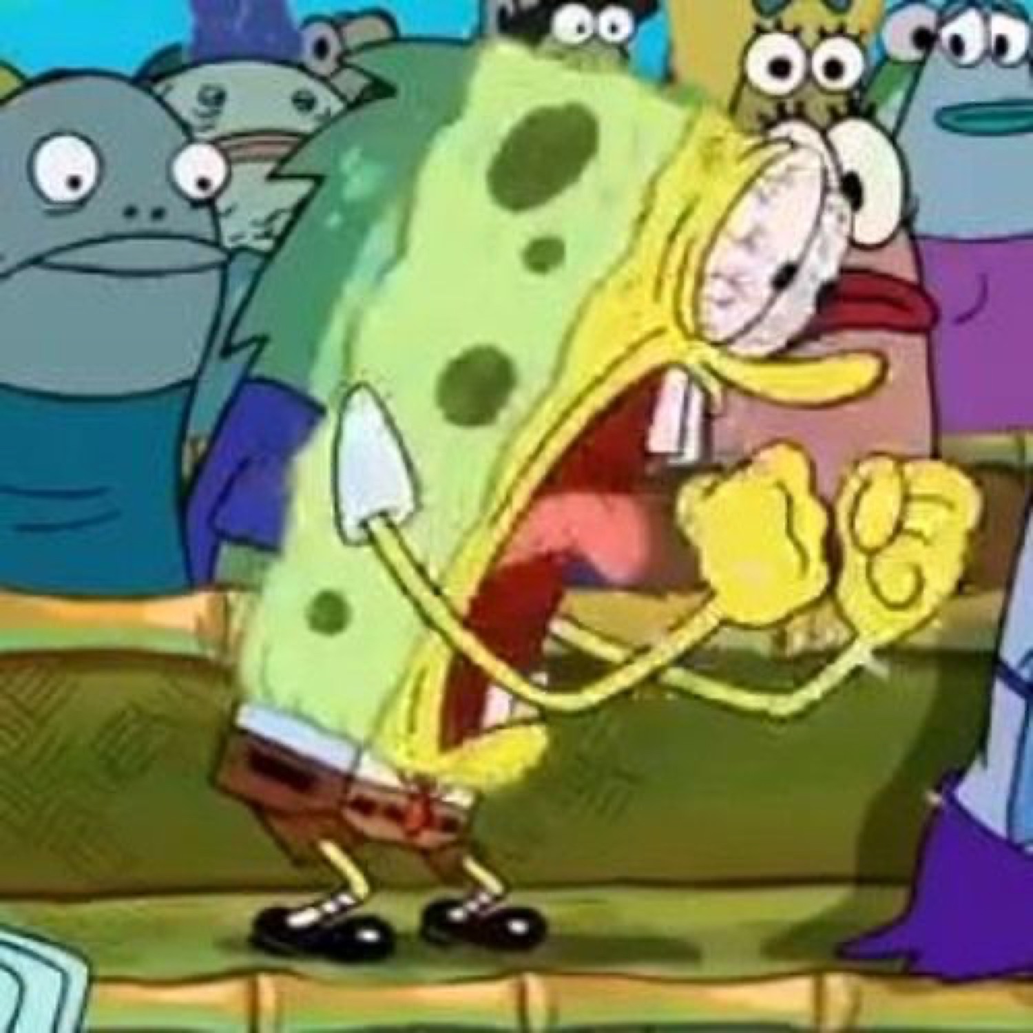 SpongeBob screaming his lungs out mid-crowd, spatula still in hand