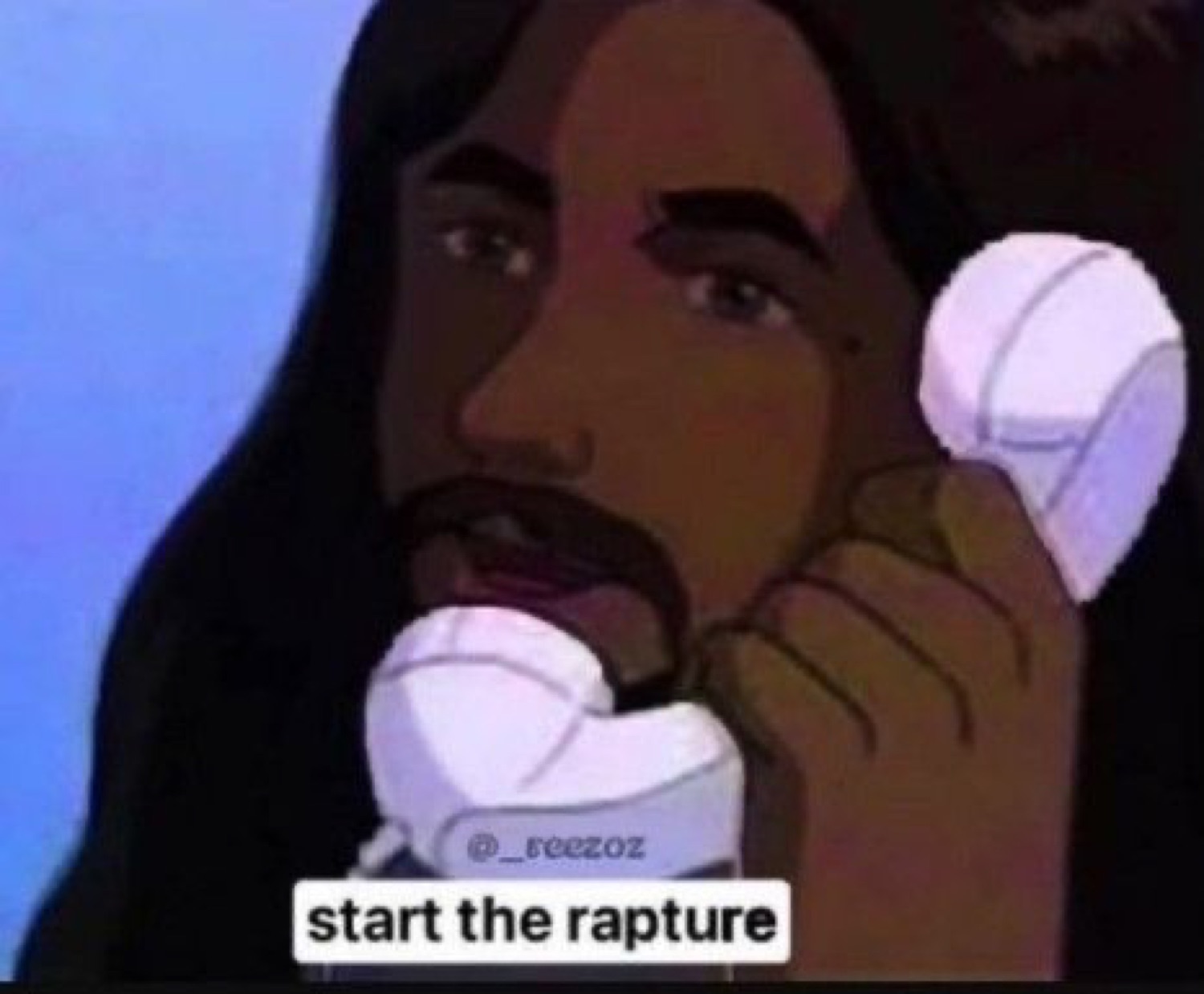 Cartoon Jesus on a landline phone: 'start the rapture'