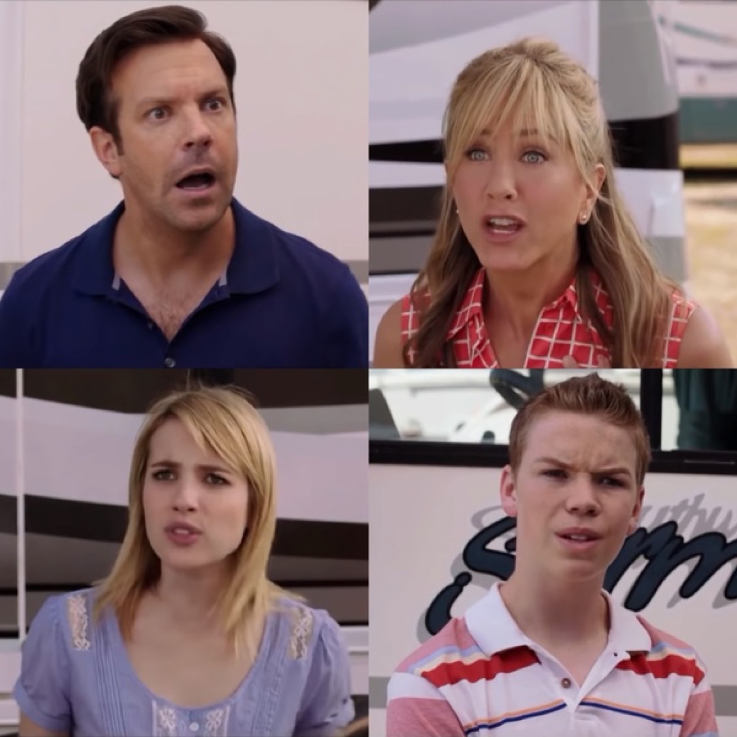 Four-panel grid of a family all reacting with shock and confusion near an RV