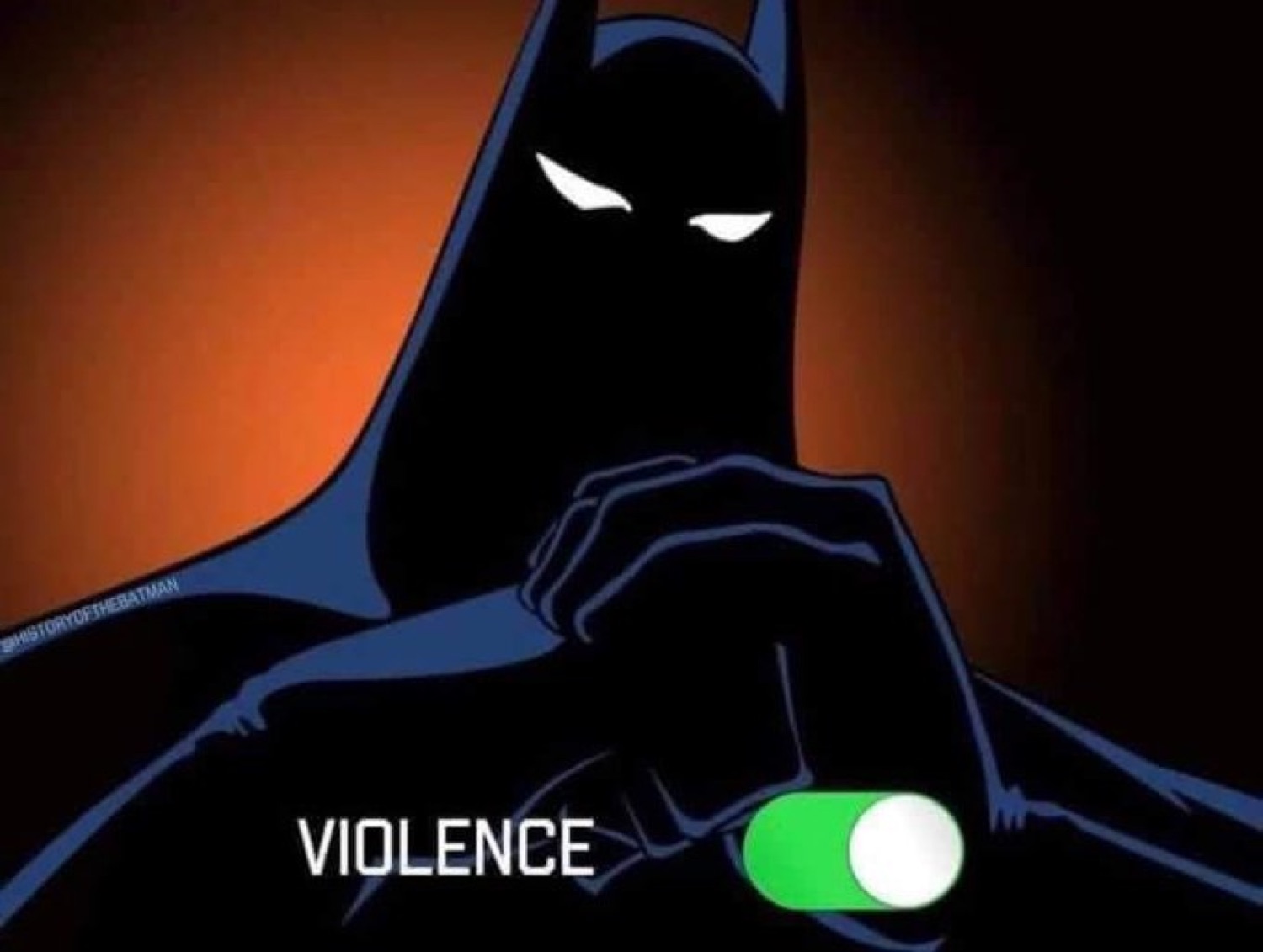 Animated Batman sitting in the dark with the 'VIOLENCE' toggle switched on