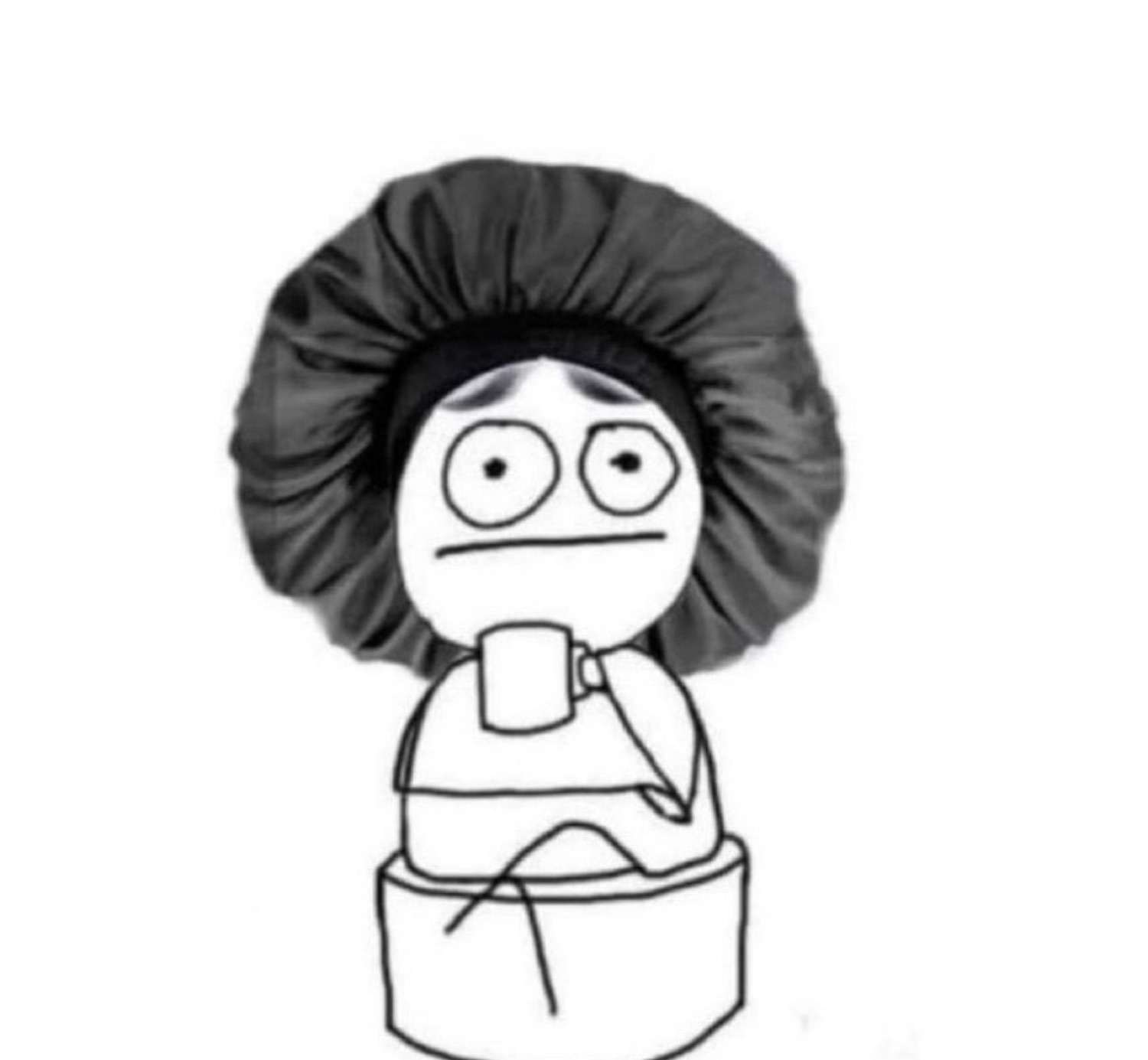 Crude doodle in a bonnet sipping a mug with a wide, blank stare