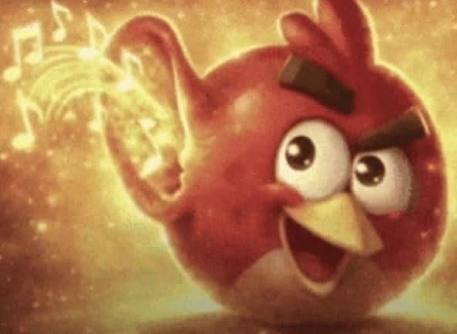 Red from Angry Birds cupping his ear toward a sparkle of music notes with a knowing smile