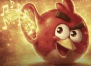 Red from Angry Birds cupping his ear toward a sparkle of music notes with a knowing smile