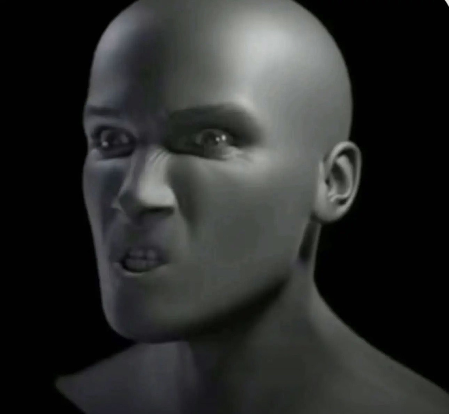 Low-poly grey CGI head snarling with a disgusted, angry grimace