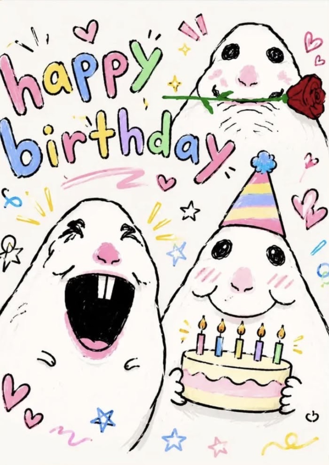 Two blobs with a cake and a rose: 'happy birthday'