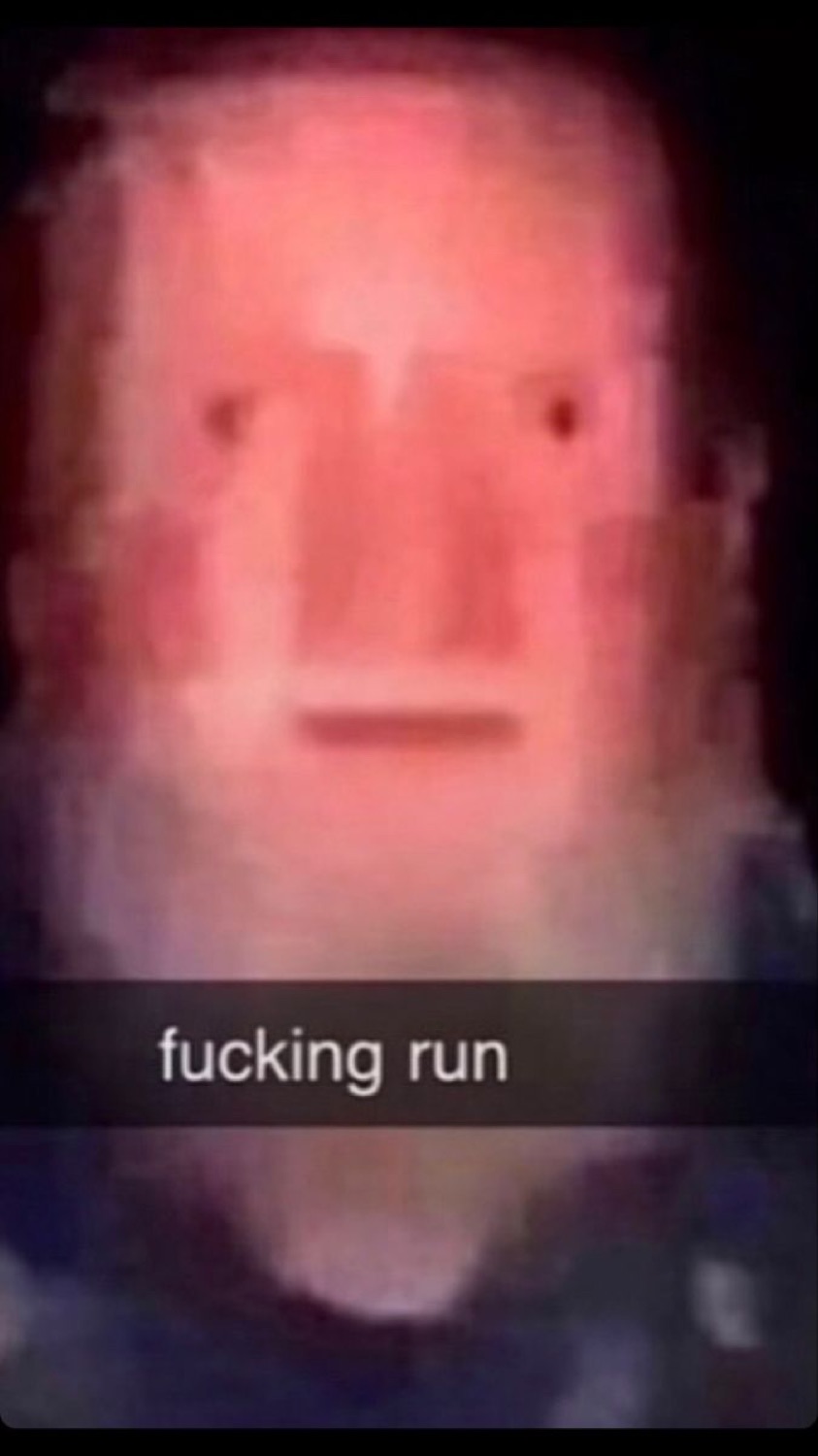 Blurry red distorted face staring forward with the caption 'fucking run'