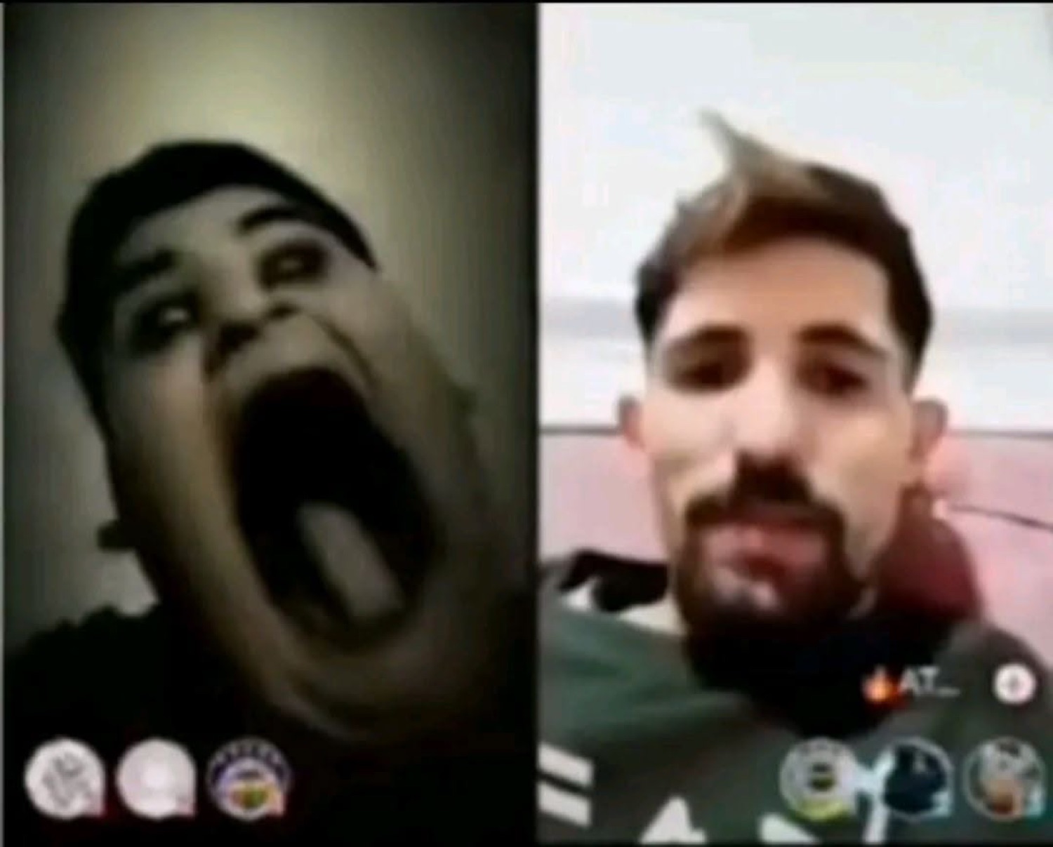 Video call split-screen: one guy screaming with a demonic face while the other sits completely deadpan