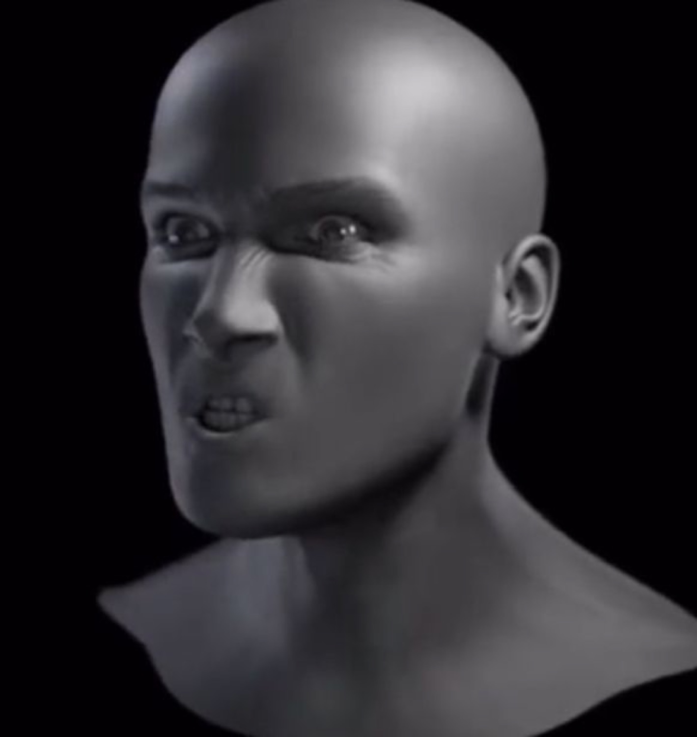 3D grey human head snarling with a disgusted, furious grimace