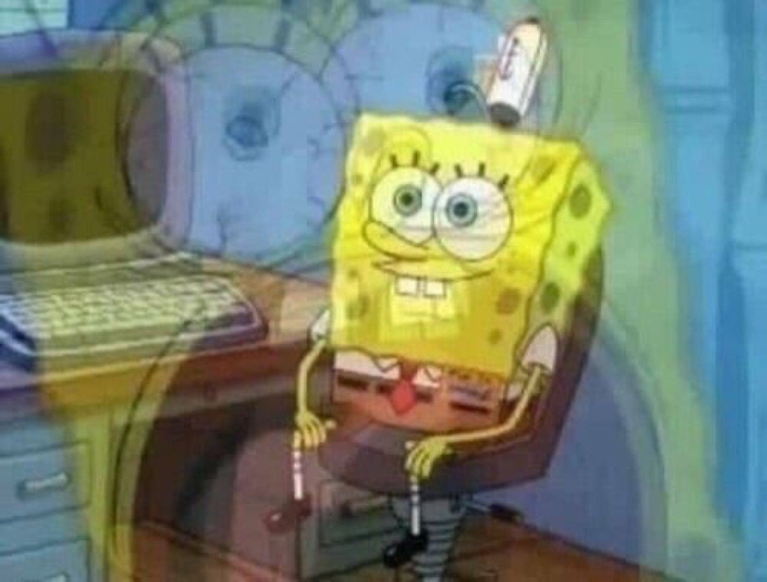 SpongeBob sitting stiffly in an office chair with a strained smile as the room heats up around him