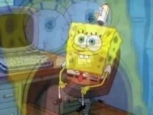 SpongeBob sitting stiffly in an office chair with a strained smile as the room heats up around him