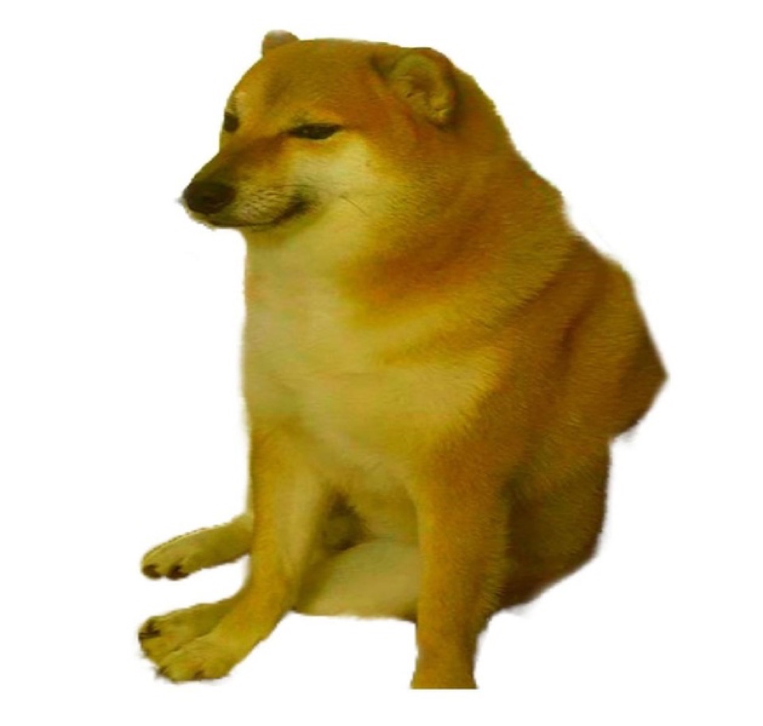 Cheems the Shiba Inu sitting and glancing off to the side with a smug little grin