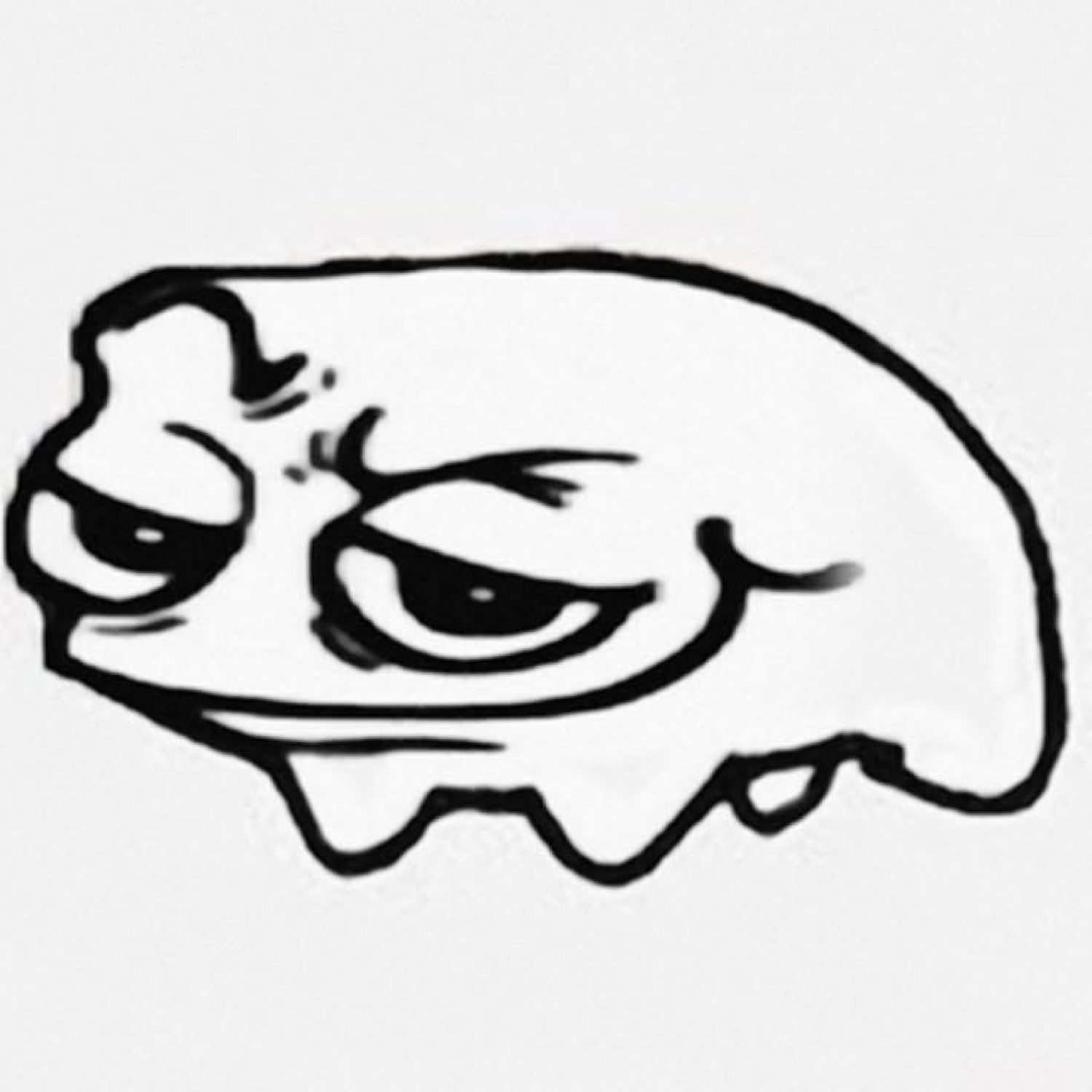 Sketchy troll-face blob with heavy-lidded eyes giving a smug scheming look