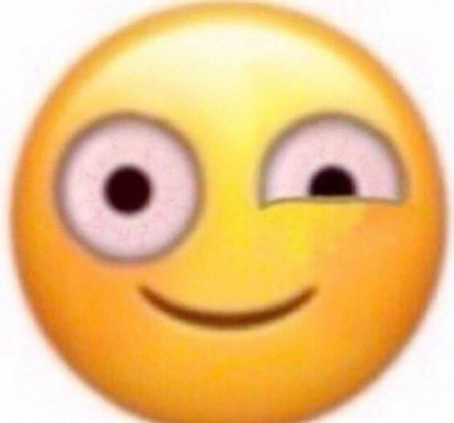 Distorted cursed smiley emoji with uneven bulging eyes and a smug little grin
