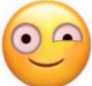 Distorted cursed smiley emoji with uneven bulging eyes and a smug little grin