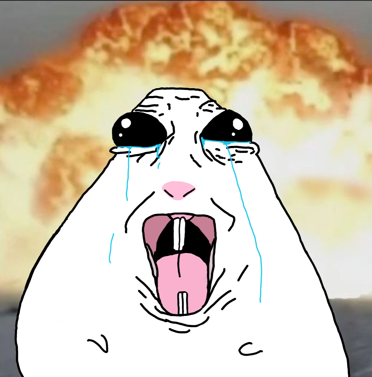 Cartoon polar bear sobbing and screaming with its mouth wide open against an explosion background