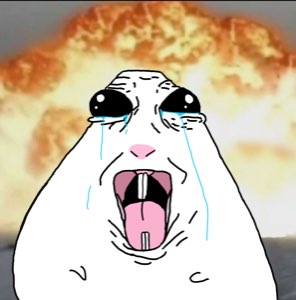 Cartoon polar bear sobbing and screaming with its mouth wide open against an explosion background