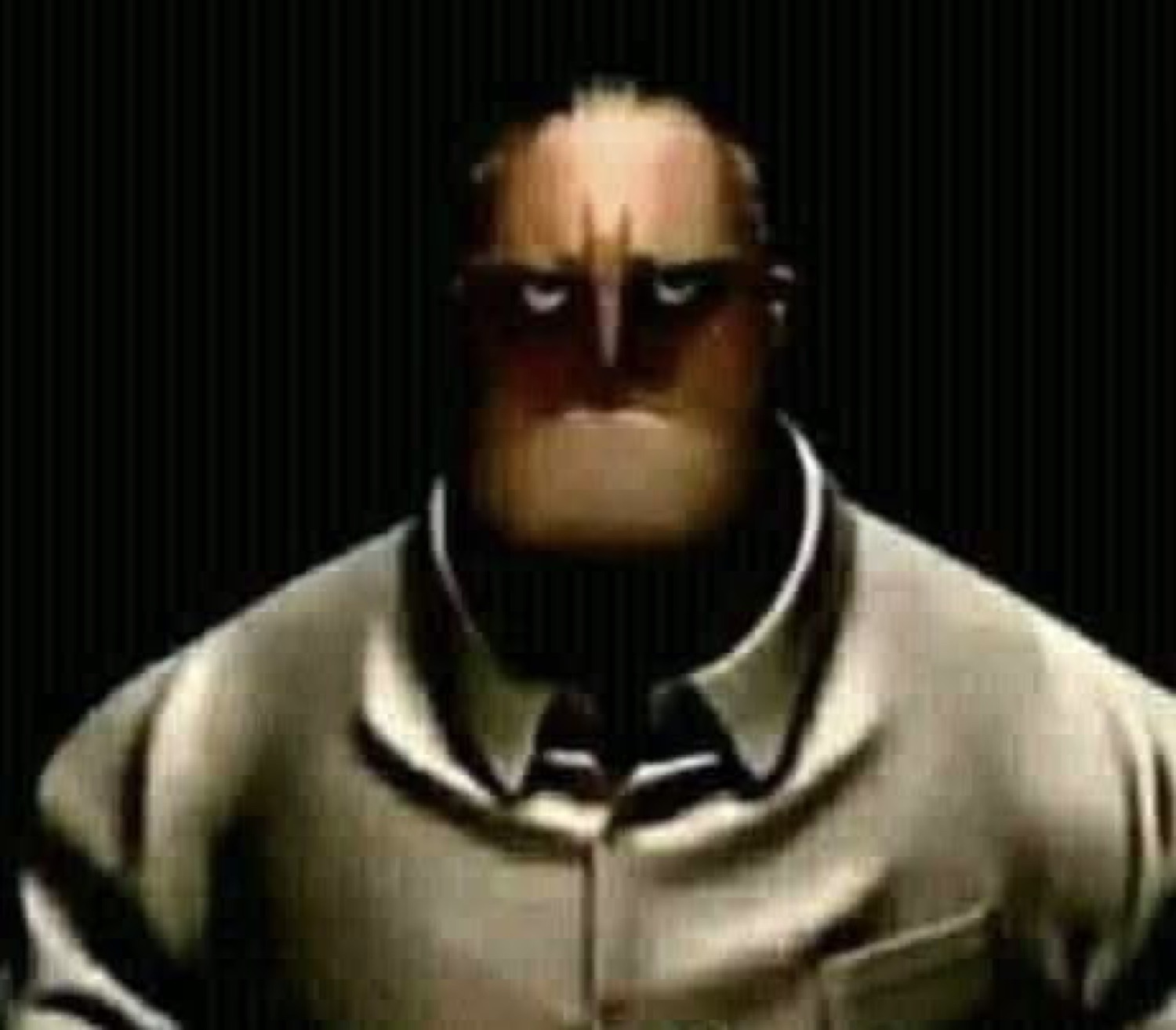 Grim uncanny cartoon man glowering straight ahead in the dark