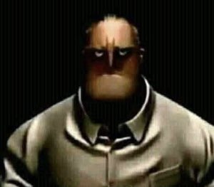 Grim uncanny cartoon man glowering straight ahead in the dark