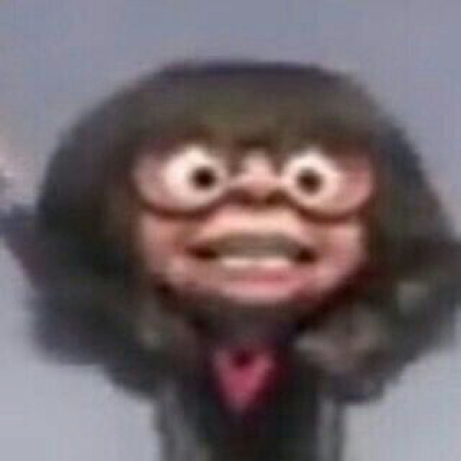 Grainy low-res cartoon figure with bulging eyes and a panicked, frazzled face