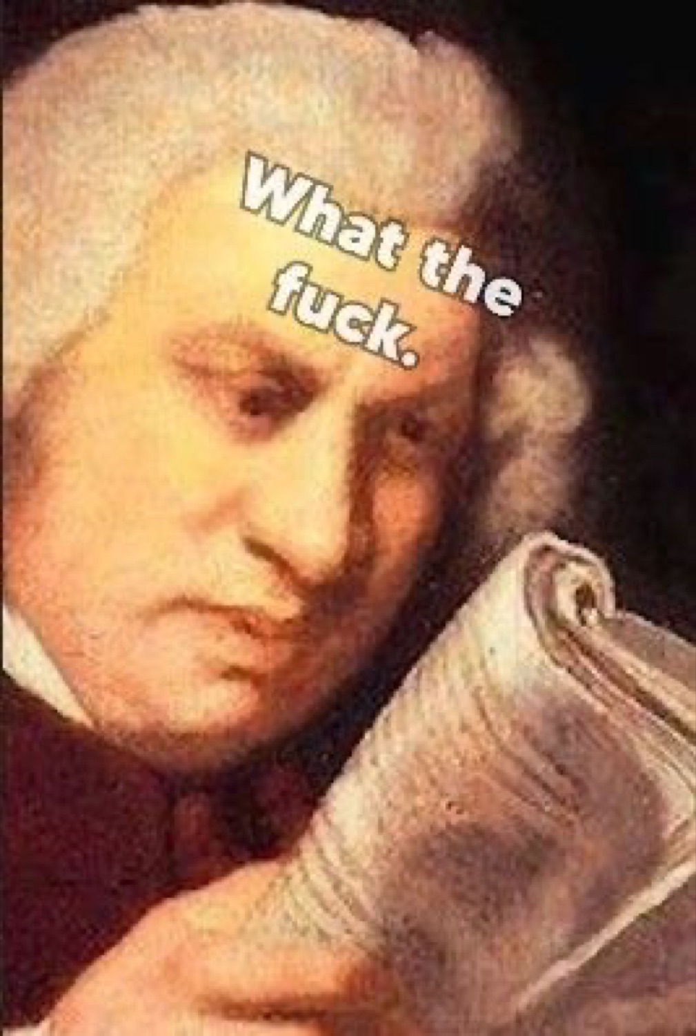 Classical painting portrait captioned 'What the fuck.' — an old man seeing the news