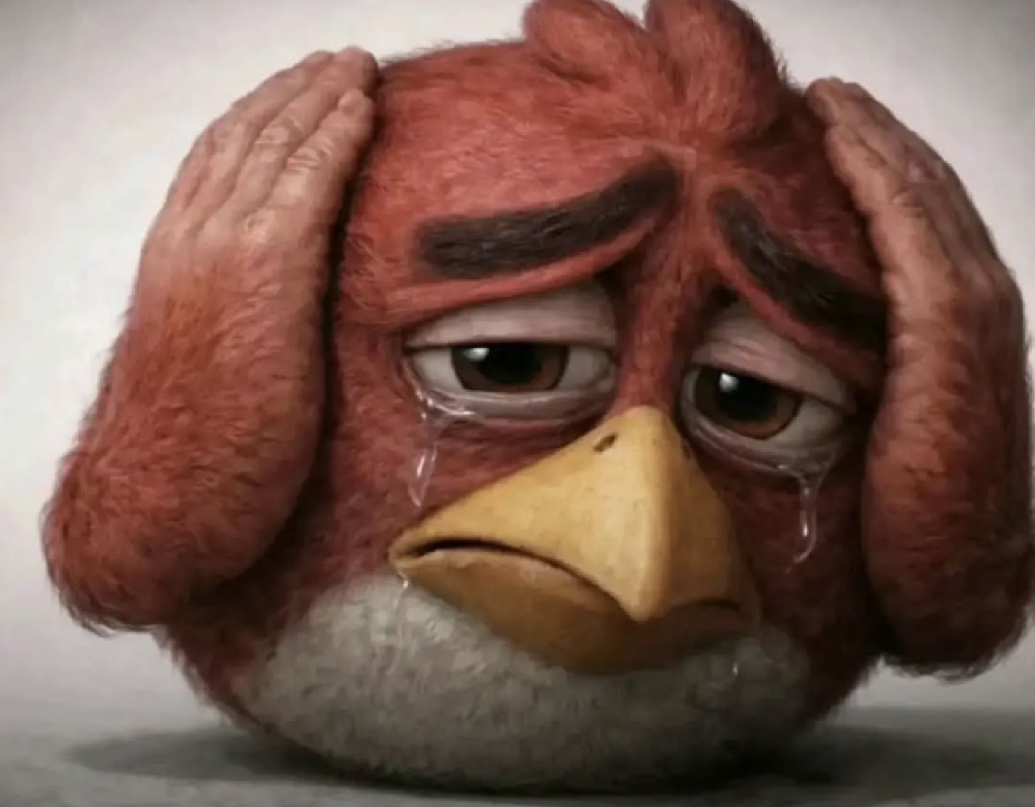 Realistic 3D Angry Birds Red character crying and clutching its head in despair