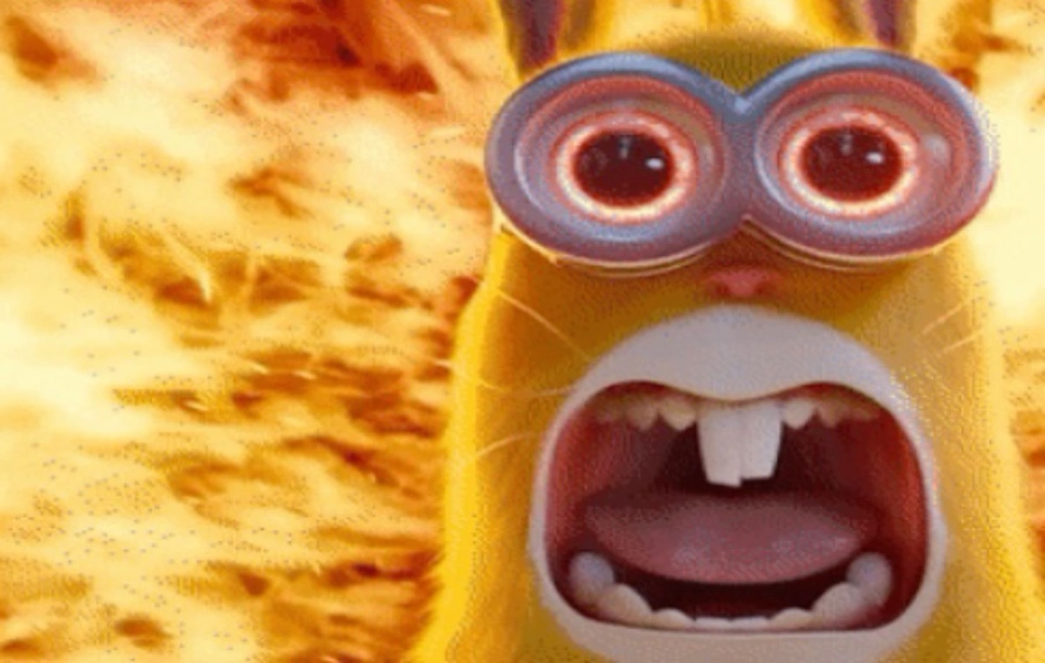 Cartoon character with bulging glowing eyes screaming in front of a wall of flames